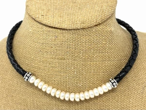 Vintage Honora Sterling Silver Pearl Braided Black Leather Necklace 16” T - Picture 1 of 10
