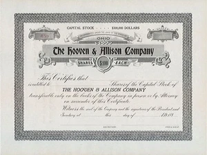 Unissued Stock Certificate Antique 1890's "The Hooven & Allison Co." Xenia Ohio - Picture 1 of 1