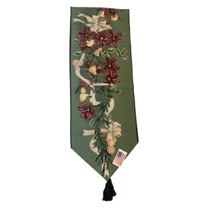 Poinsettia Christmas Table Runner Woven Tapestry Candles Bow Garland NWT 13x72" - Picture 1 of 10
