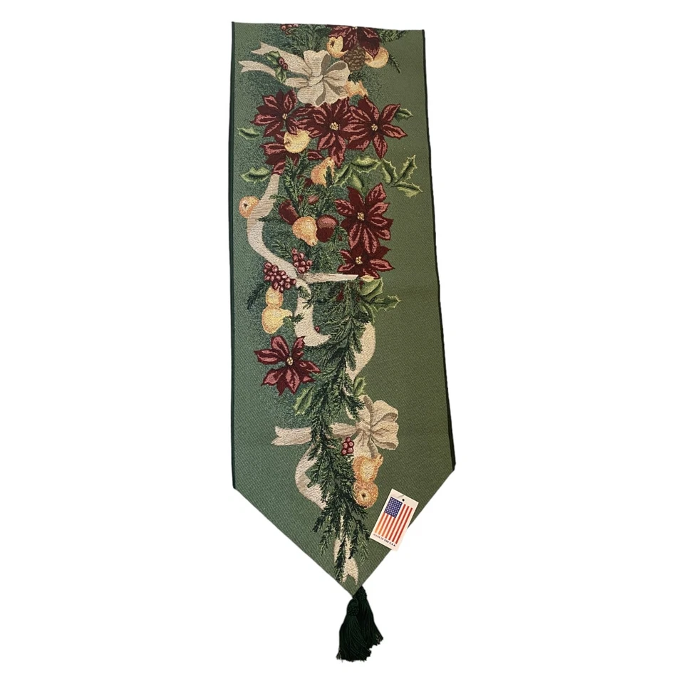 Poinsettia Christmas Table Runner Woven Tapestry Candles Bow Garland NWT 13x72" - Image 1 of 4