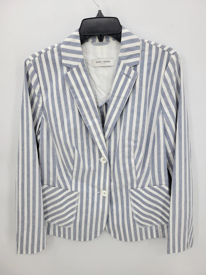 Blazer Gerry Weber Mujer 42 Azul Blanco Rayas Algodón Mezcla Lino Diseñador Foto 1 de 4
