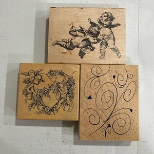 3 Wood Mounted Rubber Stamps PSX Hero Arts Judikins Angels Cherubs Hearts Large - Picture 1 of 12
