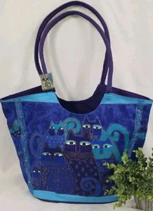 HTF Laurel Burch Cat Shoulder Bag Purse Shopping Tote Handbag Blue Purple *READ - Picture 1 of 20