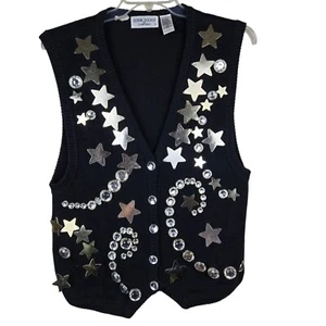 Vtg 80s 1989 Bonnie Boerer Sweater Vest Sz L Black Gold Stars Rhinestones - Picture 1 of 5