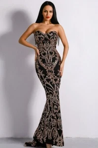 Vestido de sirena negro y dorado con lentejuelas sin tirantes Sweetheart LG - Imagen 1 de 2