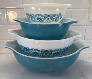 4-Vtg Pyrex Apollo 11 Horizon Blue Cinderella Mixing Bowls 441 442 443 444 - Picture 1 of 24