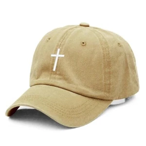 Beige Cross Embroidered Christian Baseball Cap, Washed, Adjustable Hat, Jesus - Picture 1 of 2