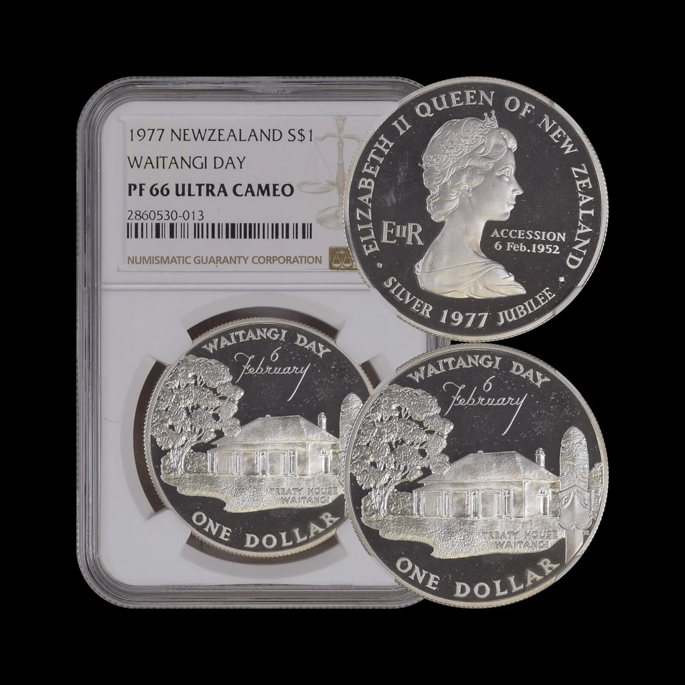 NUEVA ZELANDA. 1977, dólar, plata - NGC PF66 - QEII, día de Waitangi RARO Foto 1 de 4
