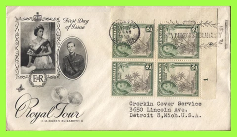 Jamaica 1953 Royal Visit plate block ArtCraft First Day Cover Slogan cancel Cover