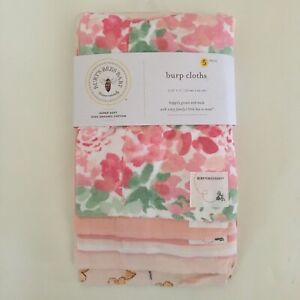 NEW Burts Bees Burp Cloths 5 100% Organic Cotton Floral  Stripe Solid Pink