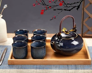 Japanese Porcelain Tea Set Blue Glazed Chinese Teapots Wedding Gift for Her NEW - Picture 1 of 6
