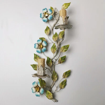 ANTIGUA LÁMPARA APLIQUE PARED FLORES AZULES TOLE ITALIANA AÑOS 50 2 LUCES ITALIA TOLEWARE Foto 1 de 4