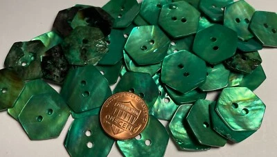 6 PCS ONLY! Dyed Green Hexagon Abalone Shell Sew-thru Buttons 18mm 11/16 13551 - Image 1 of 3