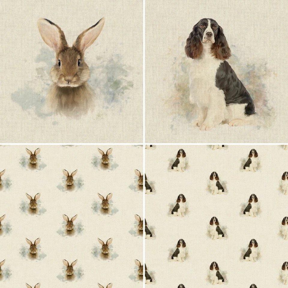 Cotton Rich Linen Fabric Bunny Rabbit, Springer Spaniel Upholstery Panel