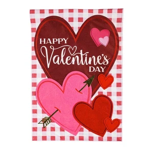 Valentine Hearts and Checks Garden Linen Flag,14l10119 - Picture 1 of 1