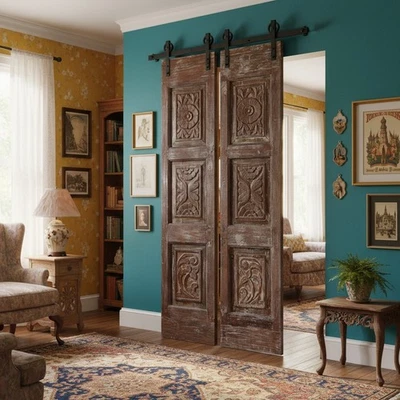Portas de correr duplas esculpidas florais antigas rústicas para fazenda Barndoor 80x35 - Imagem 1 de 4