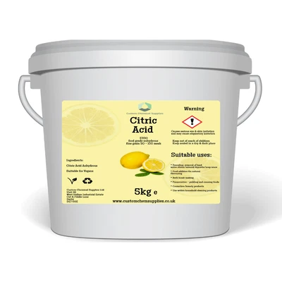 CUSTOM CHEMICAL SUPPLIES CITRIC ACID | 5KG BUCKET 100% Anhydrous | Fine | GMO Free | BP/FCC Food Grade