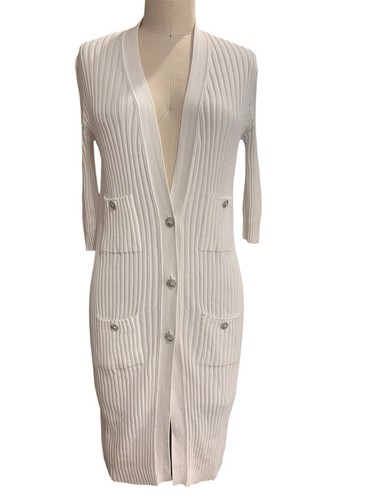 Abito cardigan lungo CHANEL bianco cotone bottoni con 4 tasche davanti taglia 38