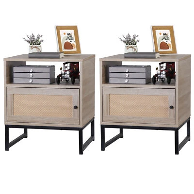 Set of 2 Nightstand Rattan Side End Table with Storage Drawer & Solid Metal Feet - Image 1 of 4
