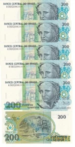 Brasilien - 5 Stück x 200 Cruzeiros 1990 aUNC / UNC P. 229 Lemberg - ZP - Bild 1 von 2