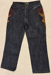 Vintage Raw Blue Absolute, Men's Embroidered Dark Wash Baggy Jeans 32 x 28 Cool! - Picture 1 of 9