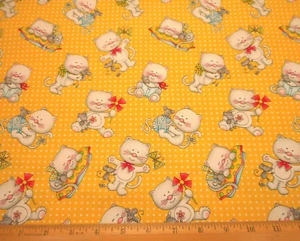 Cat Fabric 1 3/4 Yard Kitty Mouse Playing Sleeping Yellow Henry Glass Cotton - Picture 1 of 2