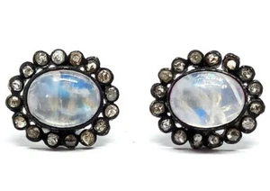 Rainbow Moonstone Gemstone Pave Diamond 925 Sterling Silver Victorian Earring - Picture 1 of 9