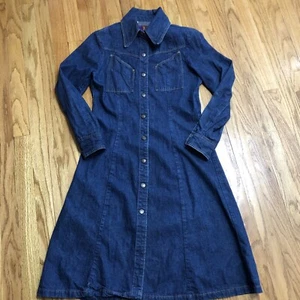 70s Vintage Landlubber Jean Denim Snaps Midi Western Womens Shirt Dress Size 5 - Picture 1 of 14