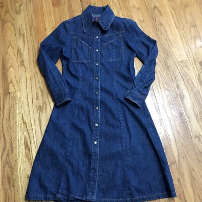Vestido Camisa Feminino Vintage Anos 70 Landlubber Jeans Denim Snaps Midi Western Tamanho 5 - Imagem 1 de 4