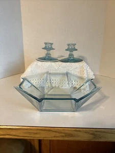 Fostoria Azure Blue Glass George SakierDesign Art Deco Bowl & Candle Holders EUC - Picture 1 of 12