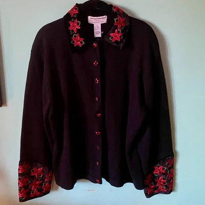 2004 Heirloom Collectibles XL Sweater Black Red Sequined Embroidered Poinsettia - Image 1 of 4