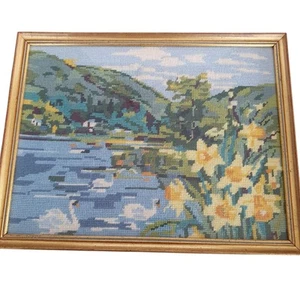 Needlepoint Cross Stitch Swans Swimming Framed, Crewel, Vintage Art, Embroidery - Picture 1 of 7
