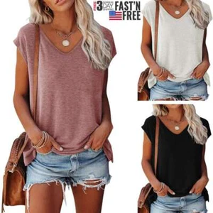 Women T-Shirt Blouse Short Sleeve Pullover Tunic Tops V Neck Loose Linen Summer - Picture 1 of 19