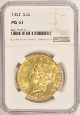 1851 $20 Liberty Gold Double Eagle Coin NGC MS61 Pre-1933 Tyle 1 Liberty Cover