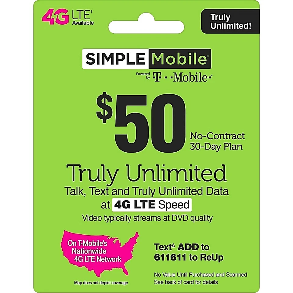 SIMPLE MOBILE eSim available $50 plan 2 months Truly unlimited with 5GB Hotspot - Image 1 of 4