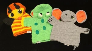 Vintage Hand Puppet Crochet Dankin Knit Mitts LOT (3) Frog Honey Bee & Elephant - Picture 1 of 3