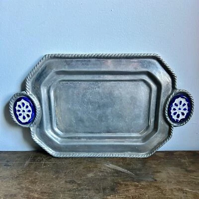 Vintage Solid Pewter Tray with Blue and White Ceramic Tile Accents | Farmhouse - Image 1 of 4