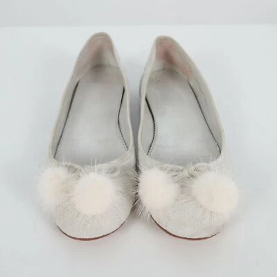 Delman Ballerina Ballet Flats Womens 8M Suede Quilted Bow Pom Poms Ivory White - Image 1 of 4
