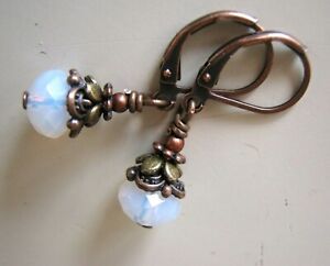 Small Crystal Drop Earrings Opaline Glass Victorian Antiqued Artisan Handcrafted