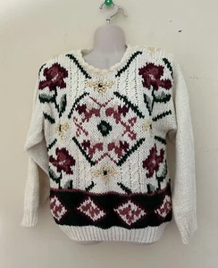 Jamie Scott Hand Knitted White Sweater Flower Floral Design Size M - Picture 1 of 6