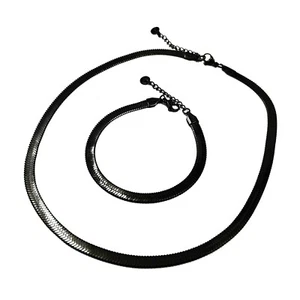S.steel Herringbone Snake Chain Choker Necklace Bracelet Jewelry Set Black 5mm - Picture 1 of 8