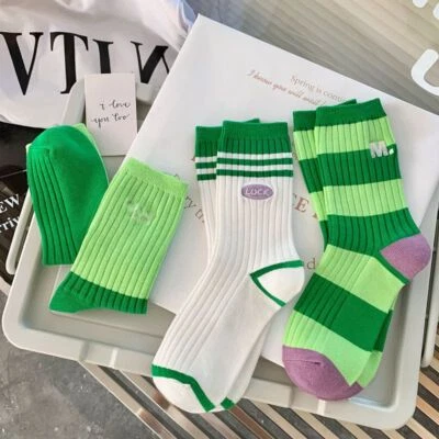 Lote de 3 pares de calcetines informales de trabajo informales a rayas verdes de moda para mujer niña Foto 1 de 4