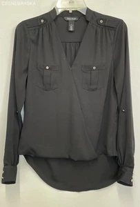 White House/Black Market Black Surplice Top Roll Tab Sleeve Blouse - Size 2 - Picture 1 of 8