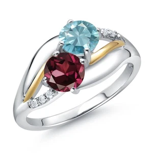 925 Sterling Silver and 10K Yellow Gold Rhodolite Garnet Blue Zircon and Lab - Picture 1 of 4