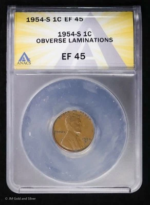 1954-S 1C Lincoln Wheat Cent ANACS XF 45 | Error Obverse Laminations - Image 1 of 4