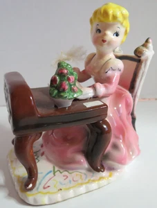 Lefton? Figurine Girl in Pink Dress Sitting at Desk with Quill Writing - Picture 1 of 8