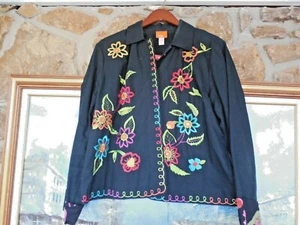 Hearts of Palm Women's Sz 14 Black Floral Embroidered Lined Jacket Mirror Discs - Picture 1 of 8