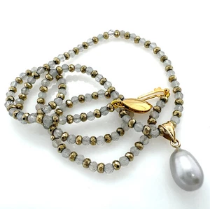 14K Pendant w FW Drop Pearl + Removable 17" Pyrite & Labradorite Bead Necklace - Picture 1 of 16