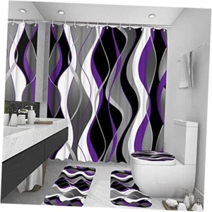 4Pcs Shower Curtain Sets with Non-Slip Rugs, Toilet Lid Cover and Bath Purple - Picture 1 of 8