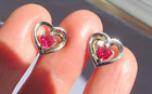 Vintage Aj 14K & Sterling Red Spinel Diamond Heart Stud Pierced Earrings
